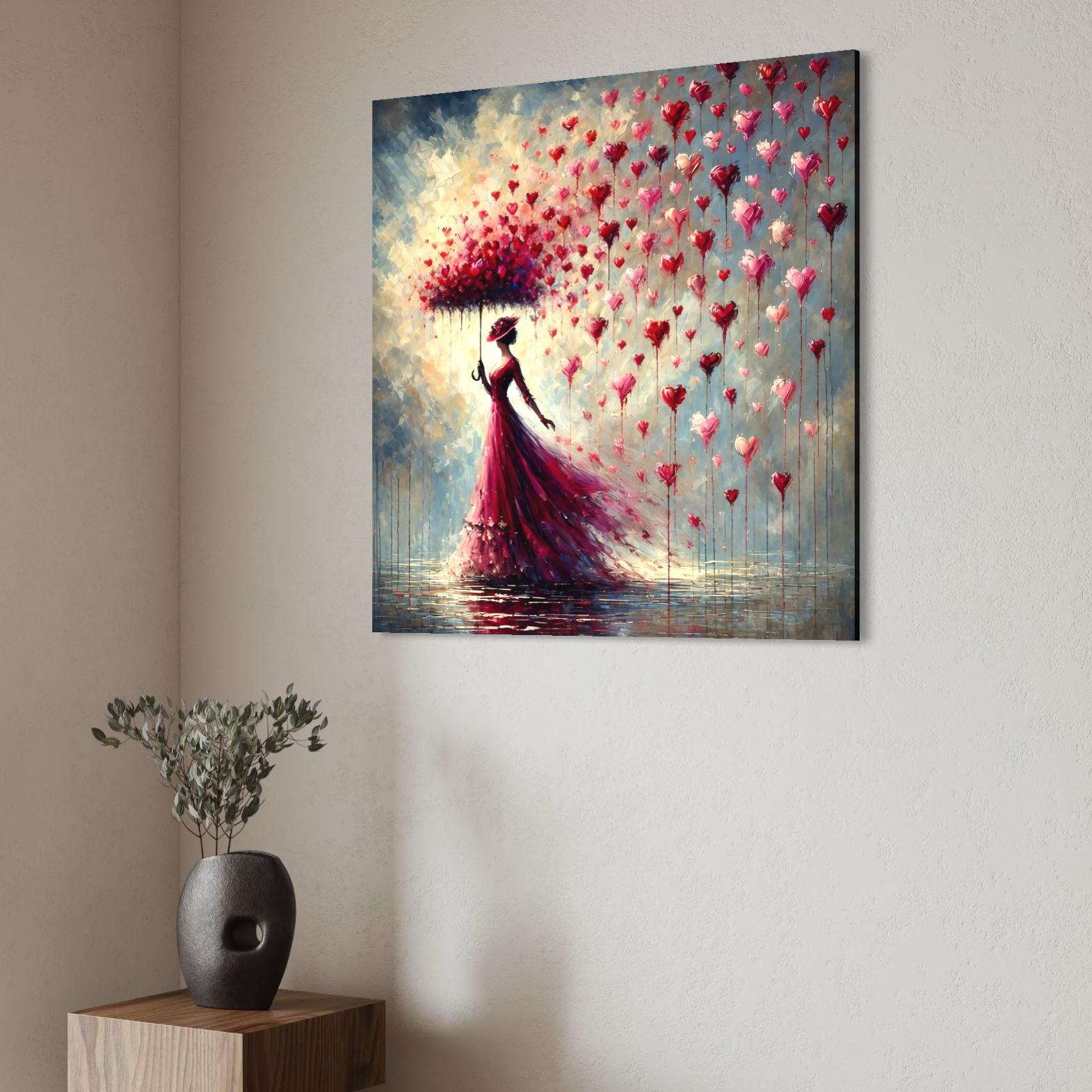 Tablou Canvas Premium, LuxCanva® E1072, Femeia si Ploaia de Inimi, Dragoste, Inima, Umbrela, Rochie, Ploaie, Plimbare, Visare, Sentimente, Feminitate, Sensibilitate, Living, Dormitor