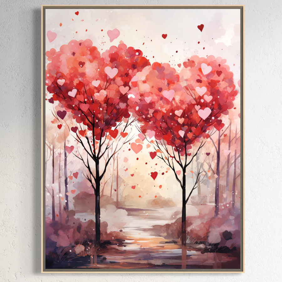 Tablou Canvas Premium LuxCanva® E1074: doi copaci cu frunze inimă roșii și roz, într-un decor romantic cu inimi plutind pe fundal pastelat. Print pe pânză, fabricat în România. Ideal pentru living sau dormitor.