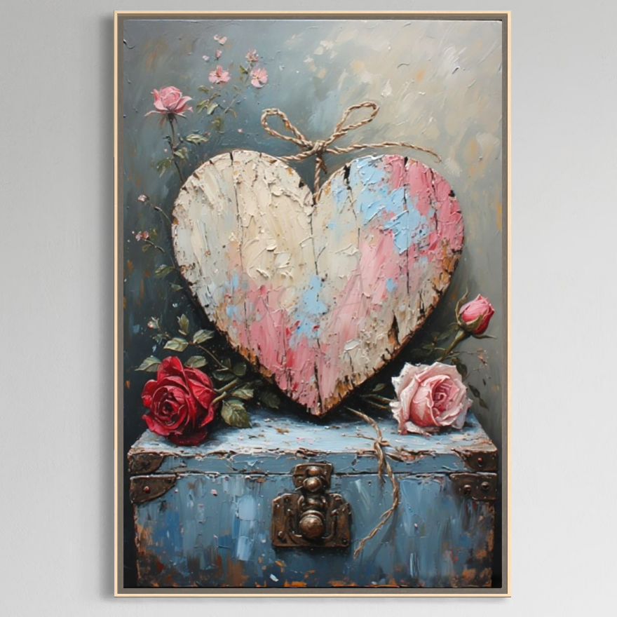 Tablou Canvas Premium LuxCanva® E1077: inimă rustică din lemn cu nuanțe de roz și albastru, prinsă cu sfoară, pe un cufăr vintage albastru, înconjurată de trandafiri roșii și roz-calitate premium pe pânză pentru living sau dormitor.