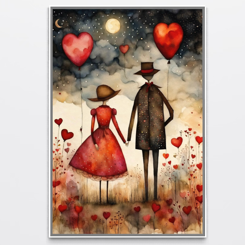 Tablou Canvas Premium LuxCanva® E1079, "Povestea Noastră Sub Luna", surprinde un cuplu îndrăgostit ținându-se de mână sub stele, perfect pentru living sau dormitor. Print premium pe pânză, aduce magia oricărui spațiu.