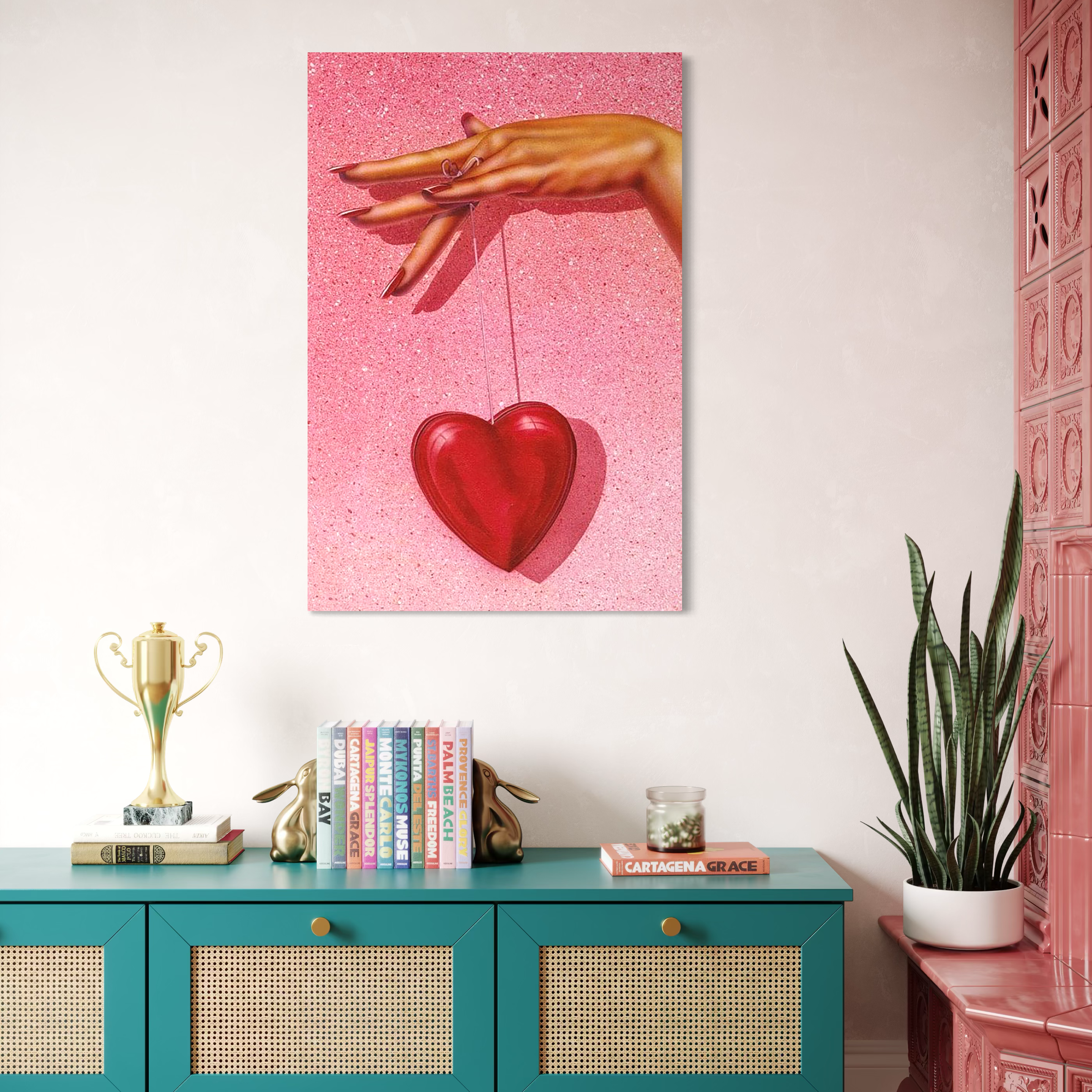 Tablou Canvas Premium, LuxCanva® E1081, Firul Dragostei, Dragoste, Inima, Roz, Fir, Atarnat, Mana, Degete, Daruire, Iubire, Valentine’s Day, Catifea, Promisiune, Living, Dormitor