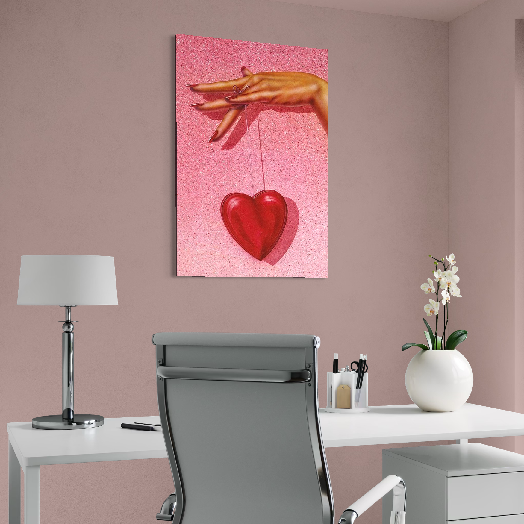 Tablou Canvas Premium, LuxCanva® E1081, Firul Dragostei, Dragoste, Inima, Roz, Fir, Atarnat, Mana, Degete, Daruire, Iubire, Valentine’s Day, Catifea, Promisiune, Living, Dormitor