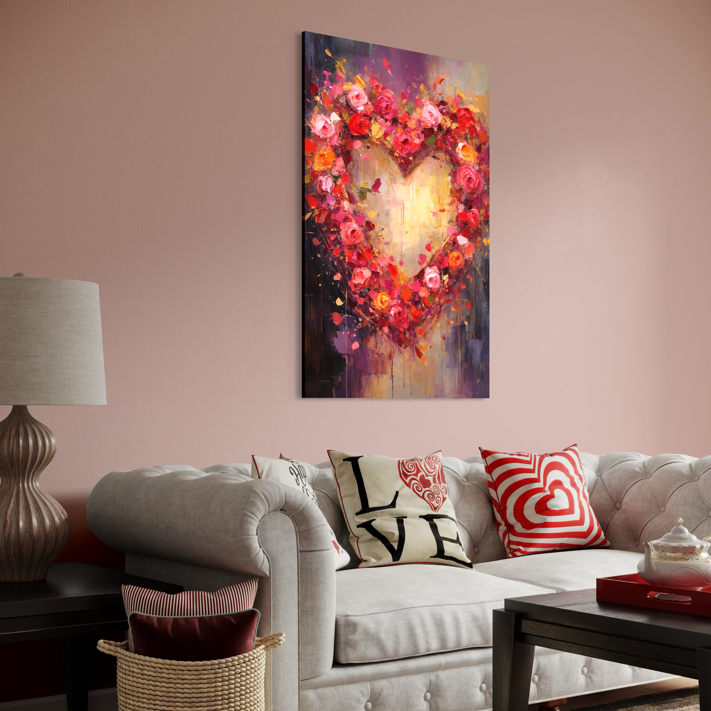 Tablou Canvas Premium, LuxCanva® E1082, Inima din Trandafiri, Dragoste, Inima, Roz, Flori, Coronita, Iubire, Valentine’s Day, Buchet, Promisiune, Daruire, Living, Dormitor