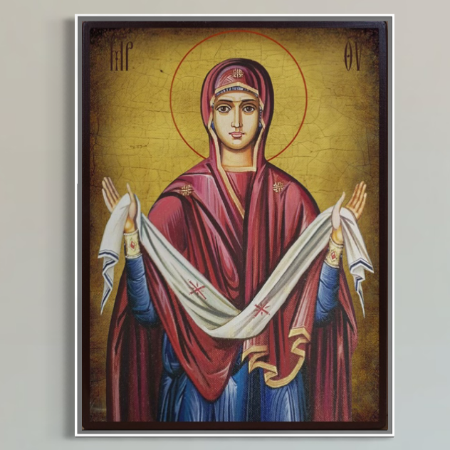 Tabloul LuxCanva® Tablou Canvas Premium H1063, "Acoperamantul Maicii Domnului", o înfățișează pe Fecioara Maria în veșminte roșii și albastre cu o aureolă, ținând o pânză albă, pe un fundal auriu cu litere grecești; perfect pentru decorarea livingului sau a dormitorului.