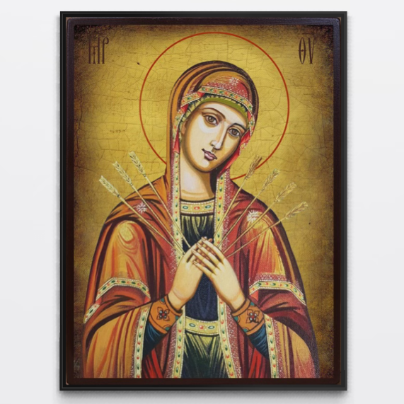 Tablou Canvas Premium, LuxCanva® H1068: Icoana Maicii Domnului cu Sapte Sageti, cu fundal auriu și inscripții religioase, printată pe pânză bumbac de calitate superioară. Perfect pentru colecția ta de tablouri canvas ortodoxe.