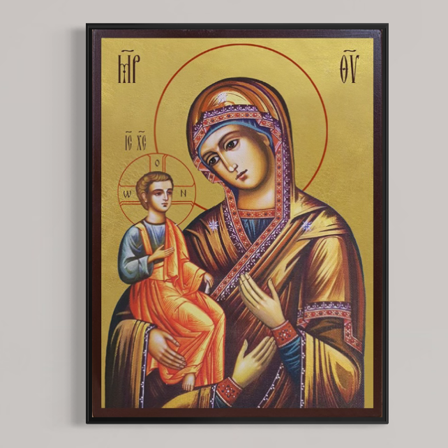 Tablou Canvas Premium LuxCanva® H1069, Icoana Maicii Domnului cu Trei Maini, oferă print de calitate superioară și detalii tradiționale bogate, ideal pentru protecție, mângâiere și decorarea casei tale în living sau dormitor.