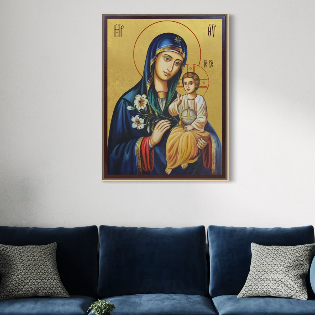 Tablou Canvas Premium, LuxCanva® H1074, Maica Domnului cu Floare de Crin,  Icoana, Puritate, Har, Prunc, Iisus, Planta, Mantuire, Mangaiere, Ortodoxie, Fecioara, Living, Dormitor