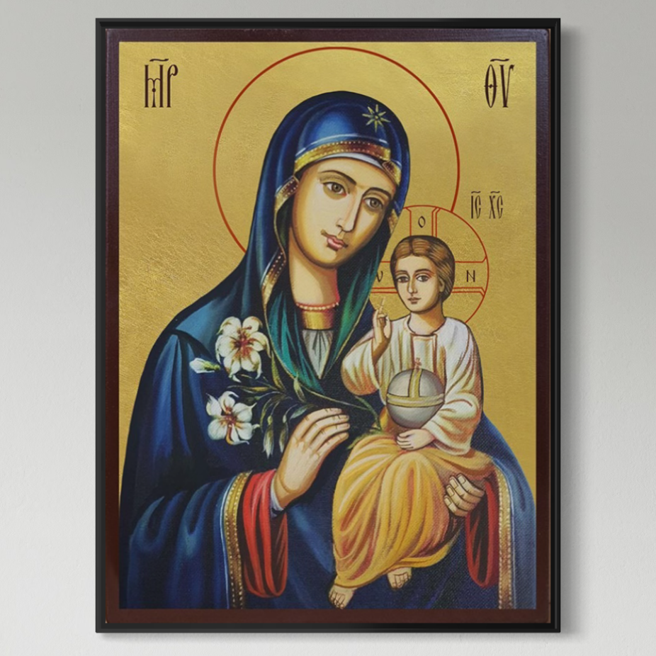 Tablou Canvas Premium, LuxCanva® H1074, Maica Domnului cu Floare de Crin,  Icoana, Puritate, Har, Prunc, Iisus, Planta, Mantuire, Mangaiere, Ortodoxie, Fecioara, Living, Dormitor