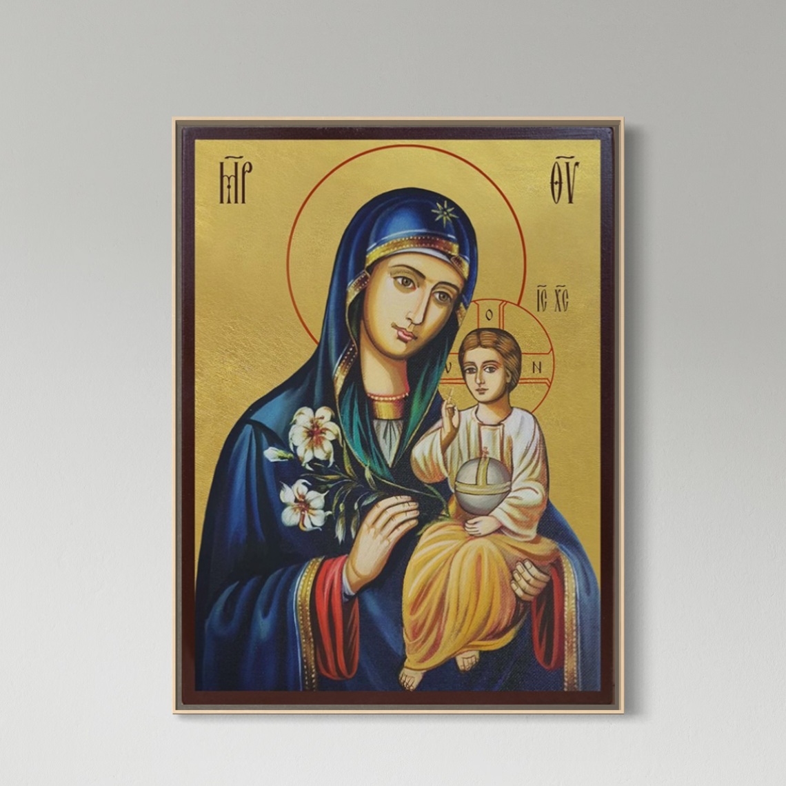 Tablou Canvas Premium, LuxCanva® H1074, Maica Domnului cu Floare de Crin,  Icoana, Puritate, Har, Prunc, Iisus, Planta, Mantuire, Mangaiere, Ortodoxie, Fecioara, Living, Dormitor