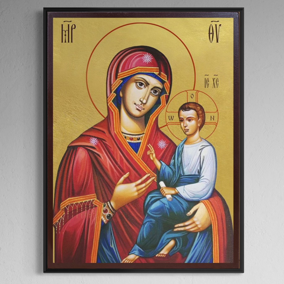 Tablou Canvas LuxCanva® Premium, model H1075 "Maica Domnului Grabnic Ajutatoare", prezintă Fecioara în straie roșii-albastre cu Pruncul pe braț, aureolă și fund auriu simbolizând puritate, har și speranță ortodoxă pentru living sau dormitor.