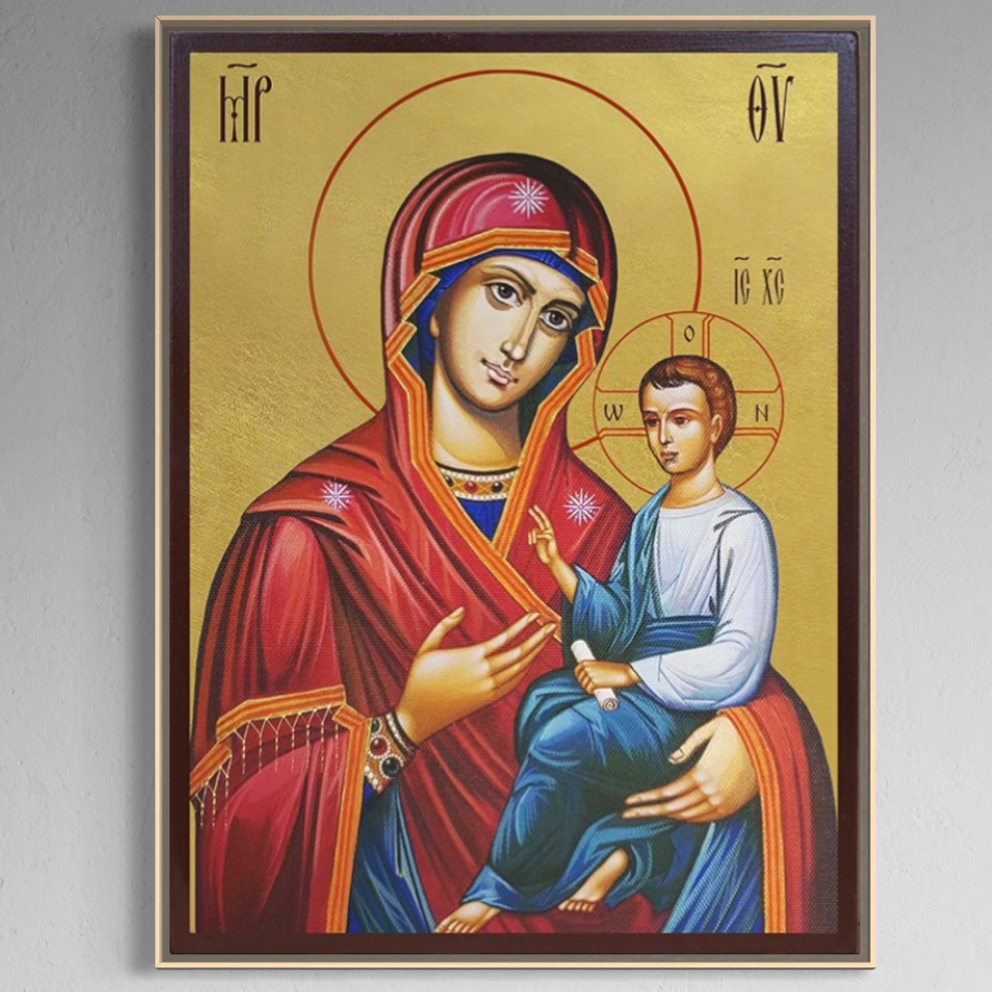 LuxCanva® Tablou Canvas Premium H1075, "Maica Domnului Grabnic Ajutatoare", este o icoană ortodoxă care îi înfățișează pe Fecioara Maria și pe pruncul Iisus cu halouri aurii - ideală pentru a adăuga puritate, speranță și confort decorului camerei de zi sau al dormitorului dumneavoastră.