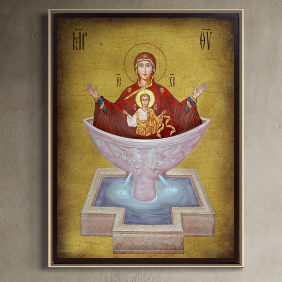 Tablou Canvas Premium LuxCanva® H1077: Icoana Maicii Domnului Izvorul Tamaduirii, reprezentand Fecioara cu Pruncul in potir, pe fundal auriu decorat cu litere grecești-print calitate premium pe pânză bumbac, disponibil la LuxCanva®.