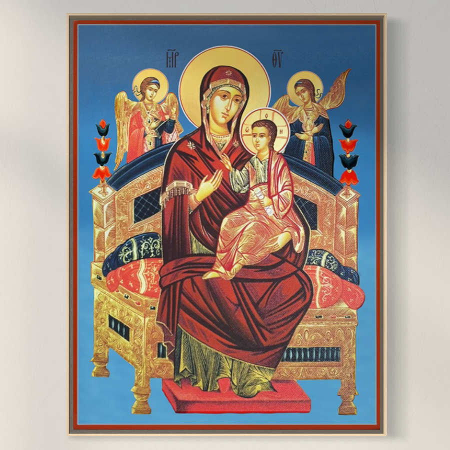 The LuxCanva® Tablou Canvas Premium H1079 prezintă icoana Maicii Domnului Pantanassa pe tron, alături de îngeri, cu accente aurii, simbolizând vindecare și speranță ortodoxă pentru living sau dormitor.