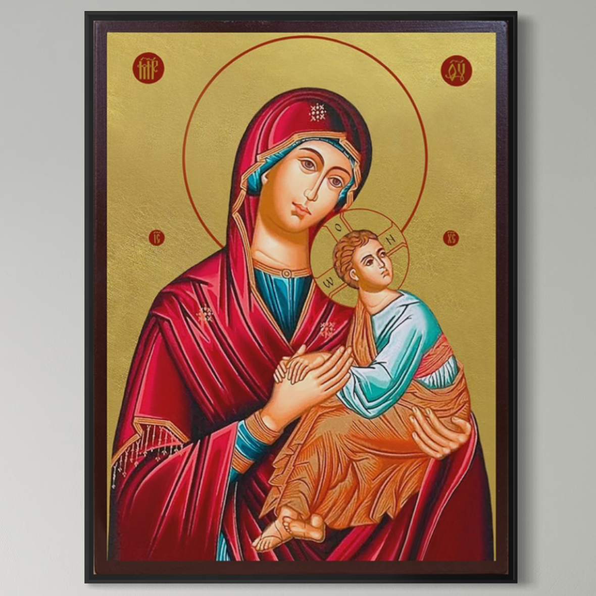 Tablou Canvas Premium LuxCanva® H1081, icoană ortodoxă făcătoare de minuni cu Fecioara Maria și Pruncul, potrivit pentru decor calitate premium în living sau dormitor. Marca: LuxCanva® - Magazin tablouri canvas.