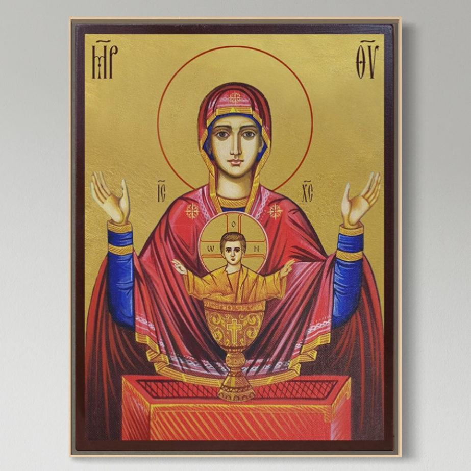 LuxCanva® Tablou Canvas Premium, Icoana Protectoare Potirul Nesecat (H1083), prezintă Fecioara Maria cu mâinile ridicate și Pruncul în potir, pe fund auriu strălucitor - perfect pentru living sau dormitor.