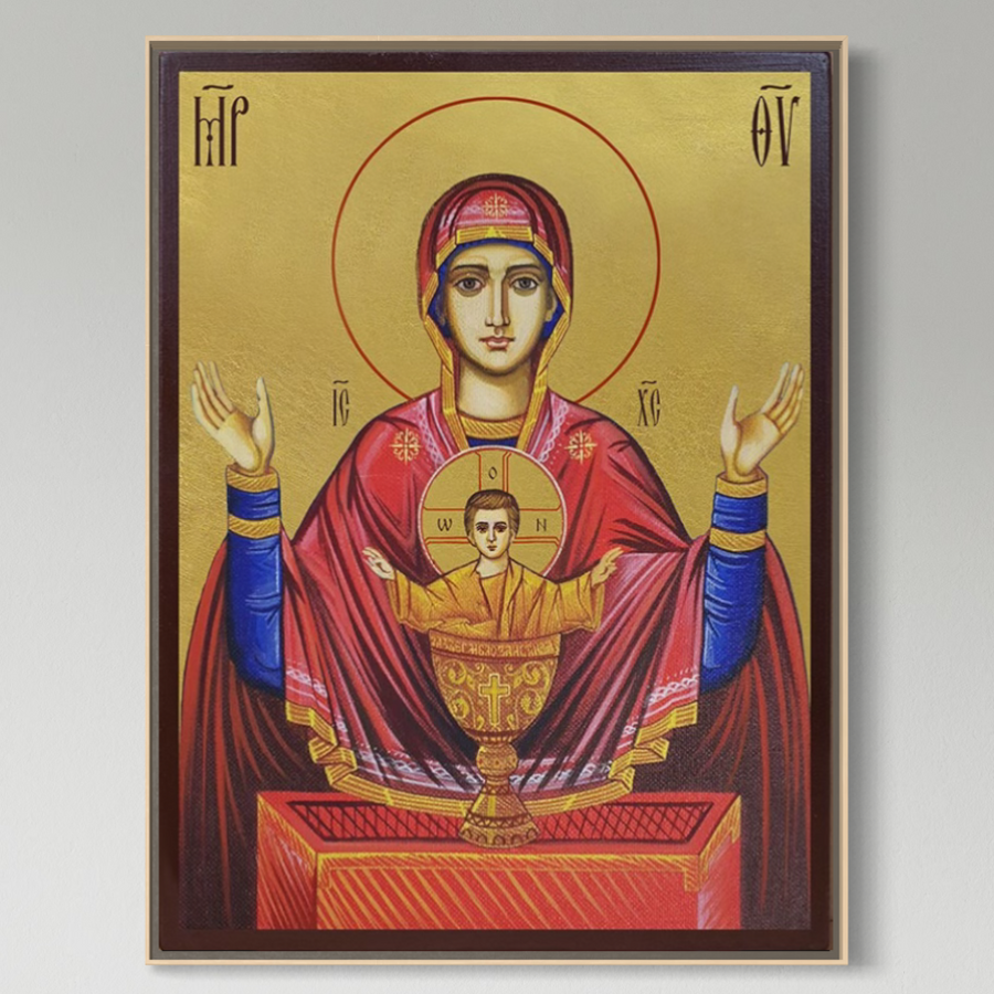 LuxCanva® Tablou Canvas Premium, Icoana Protectoare Potirul Nesecat (H1083), prezintă Fecioara Maria cu mâinile ridicate și Pruncul în potir, pe fund auriu strălucitor - perfect pentru living sau dormitor.