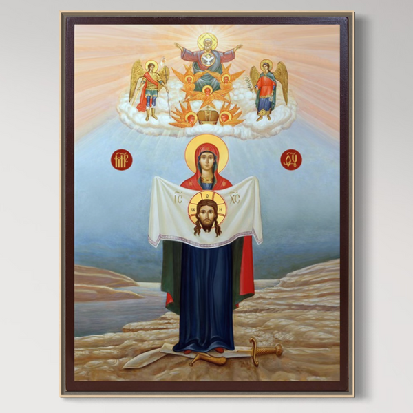 Tablou Canvas Premium LuxCanva® H1086: Icoana protecției și biruinței spirituale, cu femeie haloată ținând un chip sfânt, îngeri deasupra, sabie și veșmânt la picioare, ideal pentru living sau dormitor.
