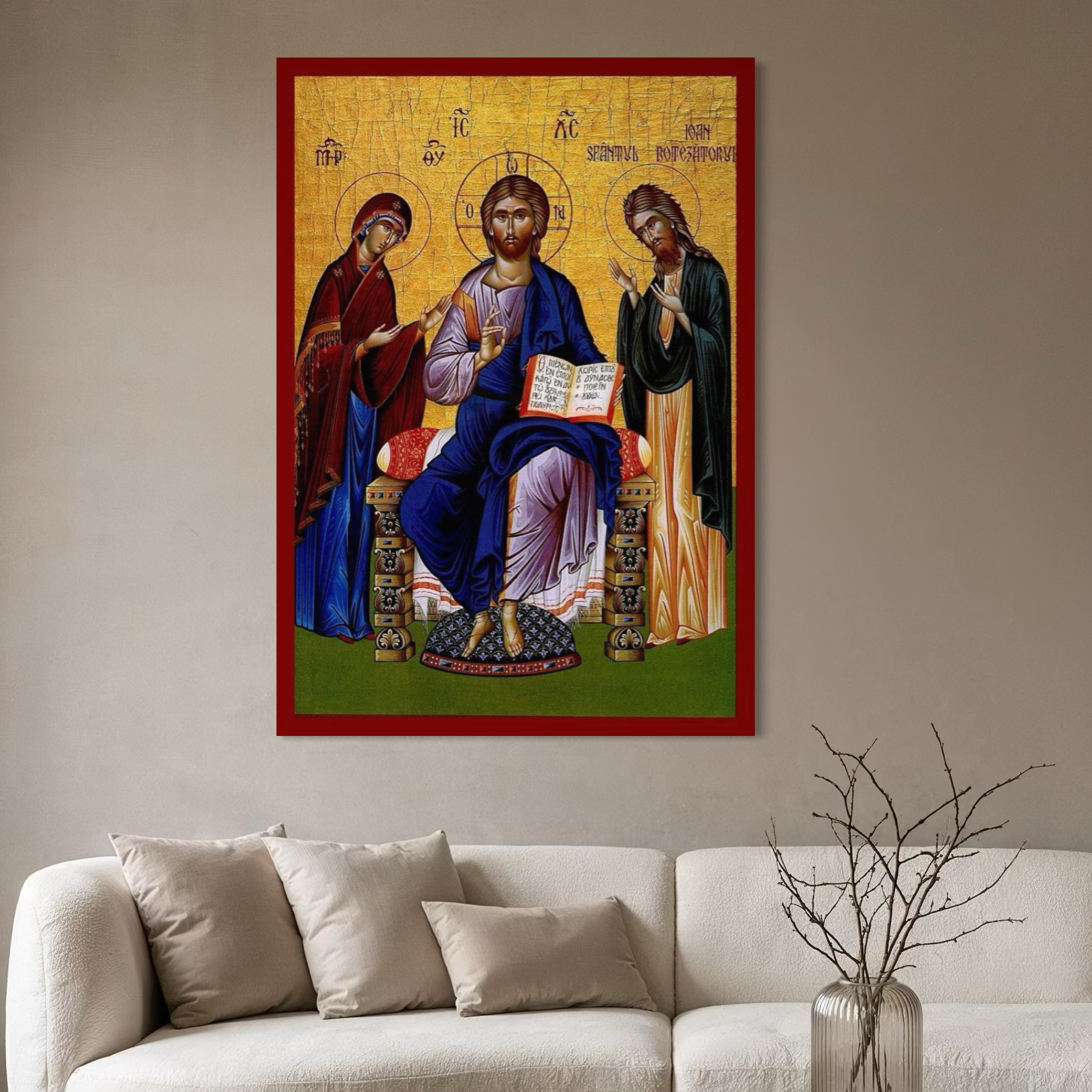 Tablou Canvas Premium, LuxCanva® H1087, Icoana religioasa Hristos Imparatul, Icoana, Ioan, Botezatorul, Maica, Domnului, Hristos, Tron, Mantuitor, Aparatoare, Living, Dormitor, Silver