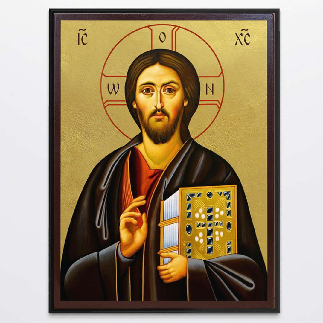 Tablou Canvas Premium LuxCanva® H1088: Icoana Iisus Hristos Pantocrator, cu fundal auriu, carte decorată și gest de binecuvântare, print calitate premium pe pânză bumbac, litere grecești în jurul aureolei.