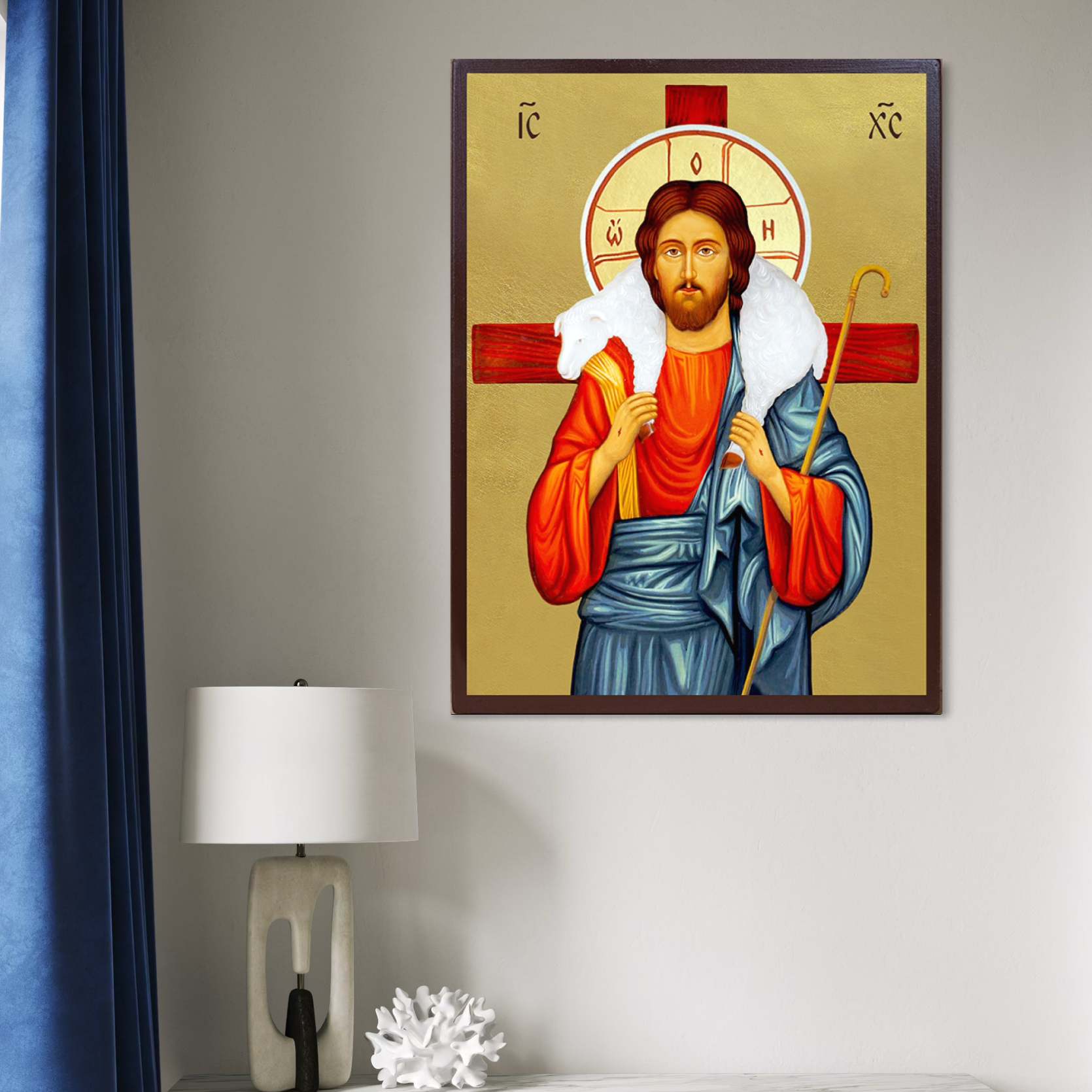 Tablou Canvas Premium, LuxCanva® H1089, Icoana Bunului Pastor, Icoana, Mantuitor, Miel, Oaie, Ratacire, Salvator, Iubire, Divin, Izbavitor, Pacate, Living, Dormitor