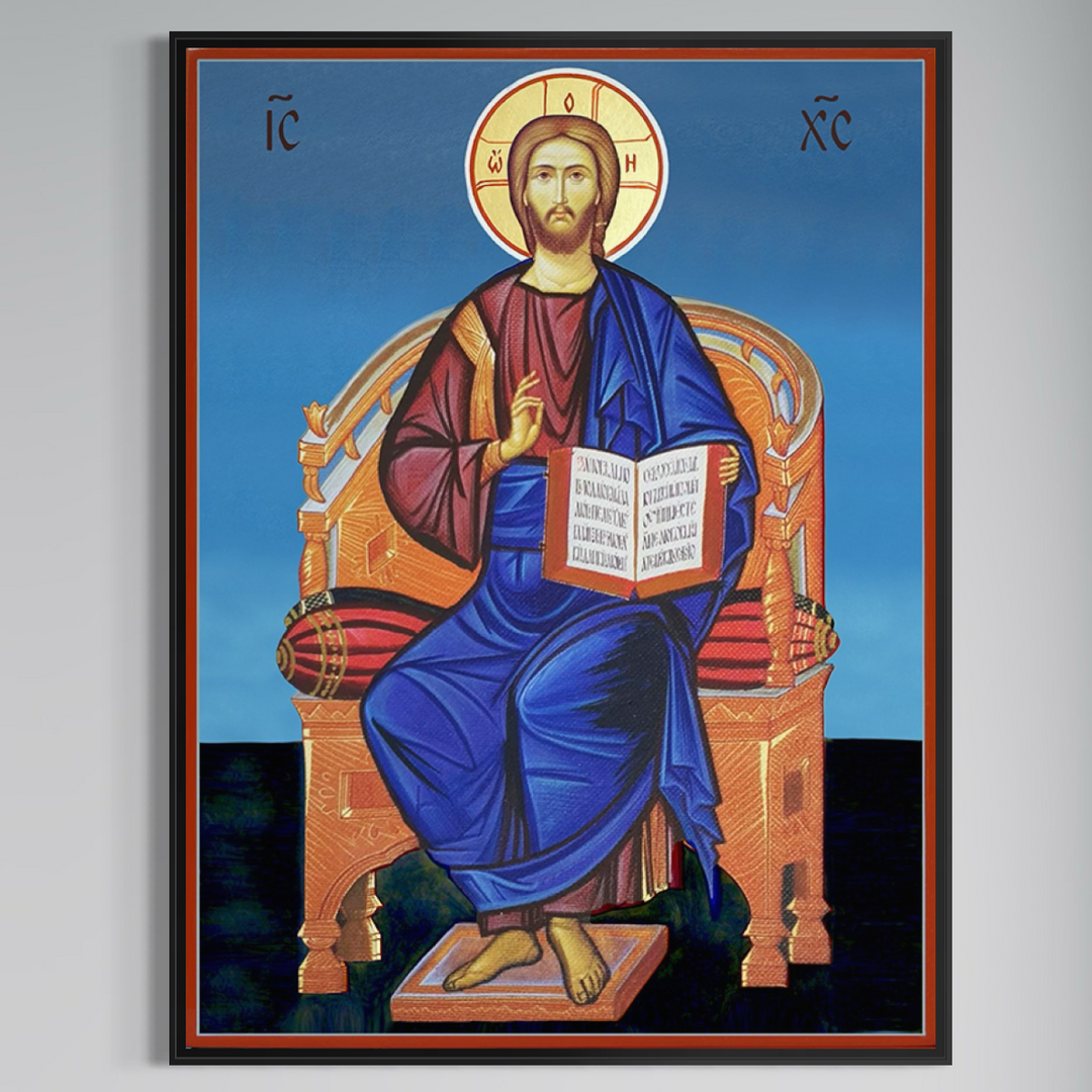 Tablou Canvas Premium LuxCanva® H1090: Icoana Iisus Hristos Pantocrator pe Tron, cu Evanghelia deschisa, gest de binecuvântare pe fundal albastru; print calitate premium pe pânză bumbac, ideal pentru living sau dormitor.