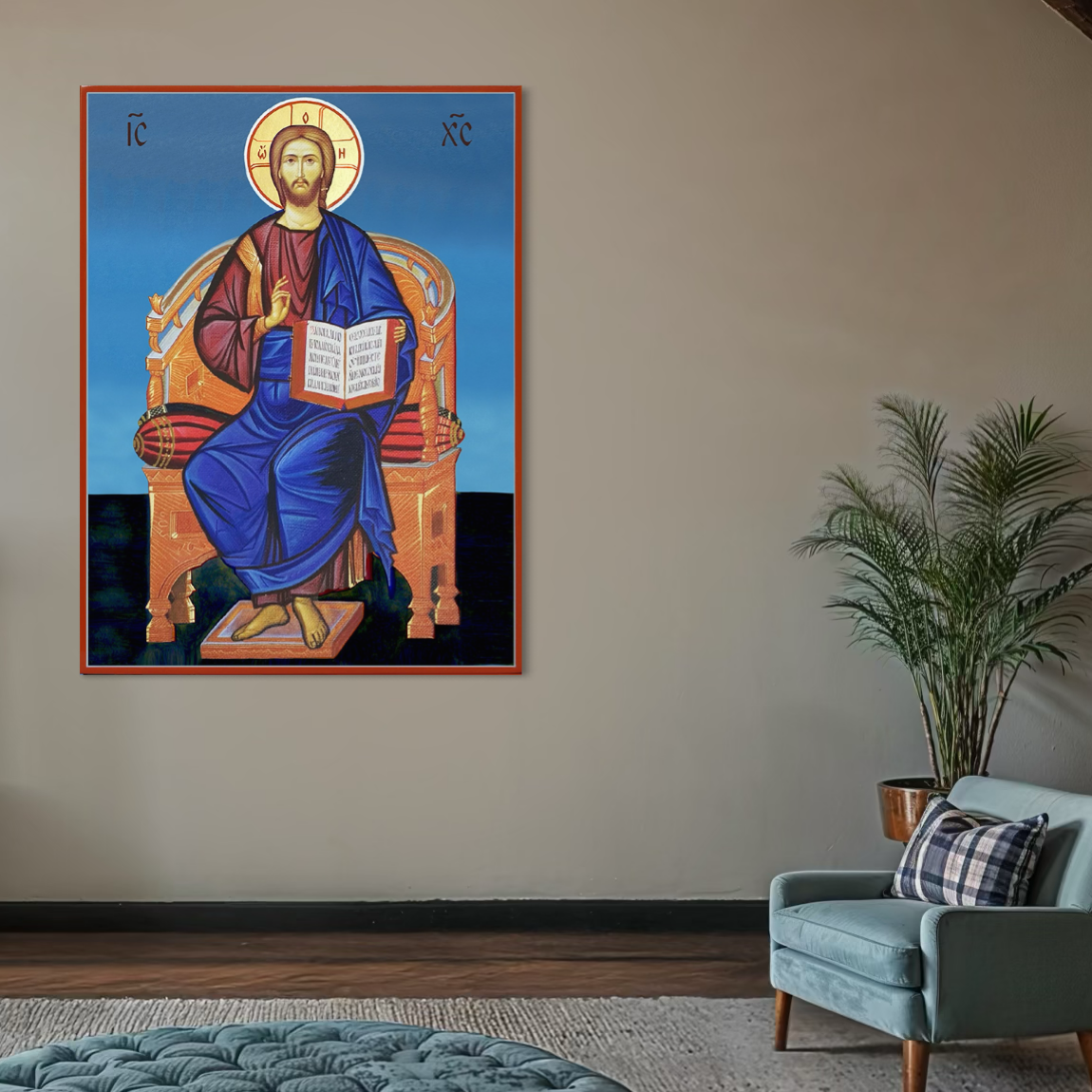 Tablou Canvas Premium, LuxCanva® H1090, Icoana Iisus Hristos Pantocrator pe Tron,  Icoana, Mantuitor, Imparat, Invatator, Slava, Evanghelie, Divin, Izbavitor, Pacate, Living, Dormitor