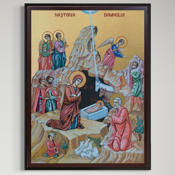 Pânza Tablou LuxCanva® Premium H1098 înfățișează Nașterea Domnului cu Maria, Iosif și pruncul Iisus în Betleem, înconjurați de îngeri și păstori. "NAȘTEREA DOMNULUI" este scris deasupra pe pânză de bumbac. Perfect pentru decorarea camerei de zi sau a dormitorului.