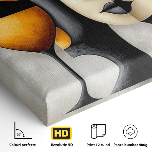 Tablou Canvas Premium, LuxCanva® J1000, Portret In Forme, Abstract, Cubism, Feminism, Pahar, Vin, Aur, Negru, Contur, Dualitate, Reflectii, Living, Dormitor