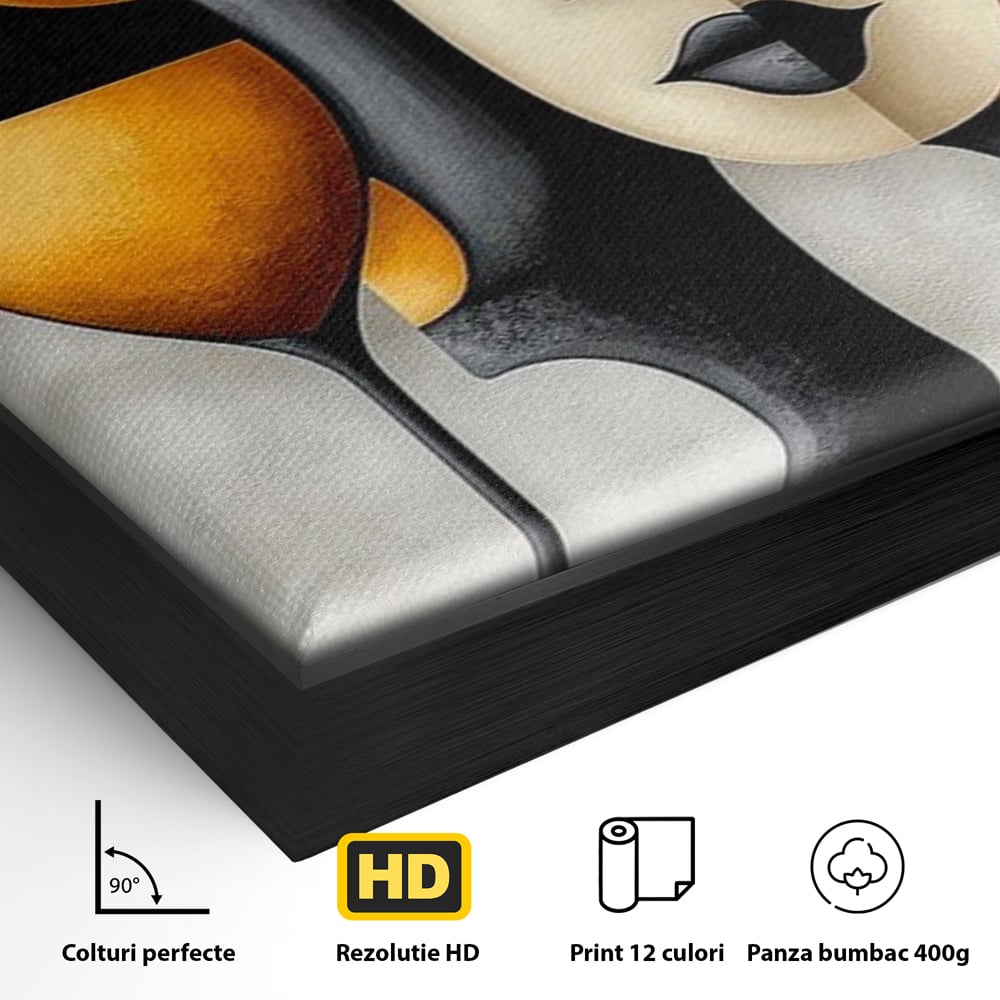 Tablou Canvas Premium, LuxCanva® J1000, Portret In Forme, Abstract, Cubism, Feminism, Pahar, Vin, Aur, Negru, Contur, Dualitate, Reflectii, Living, Dormitor