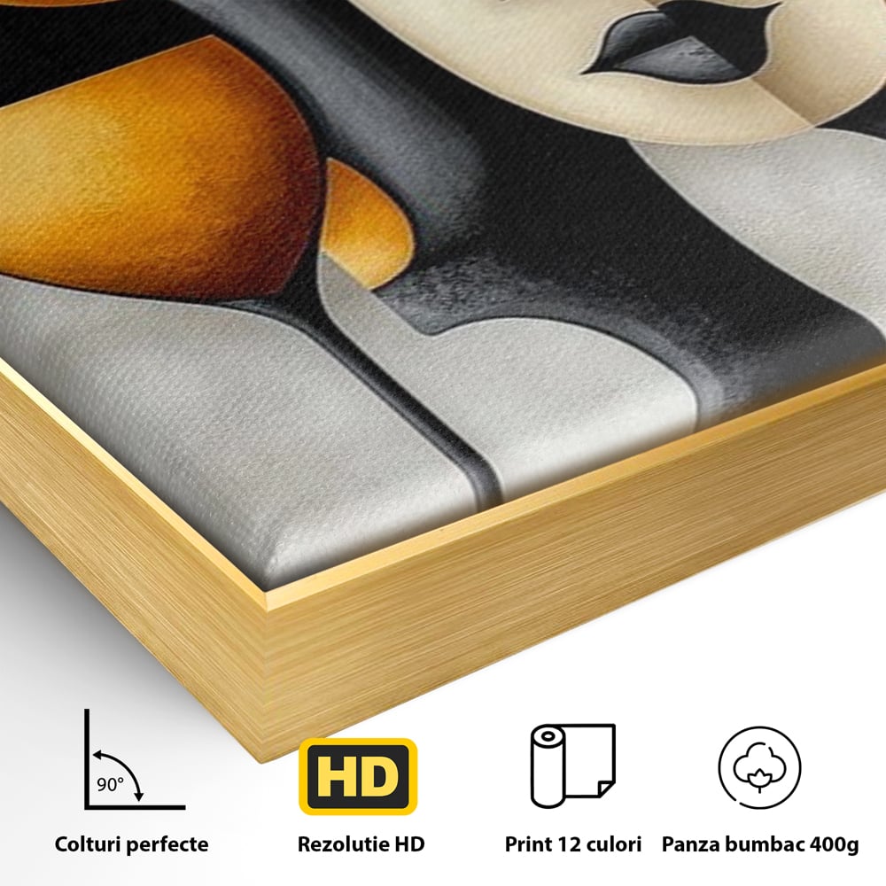 Tablou Canvas Premium, LuxCanva® J1000, Portret In Forme, Abstract, Cubism, Feminism, Pahar, Vin, Aur, Negru, Contur, Dualitate, Reflectii, Living, Dormitor