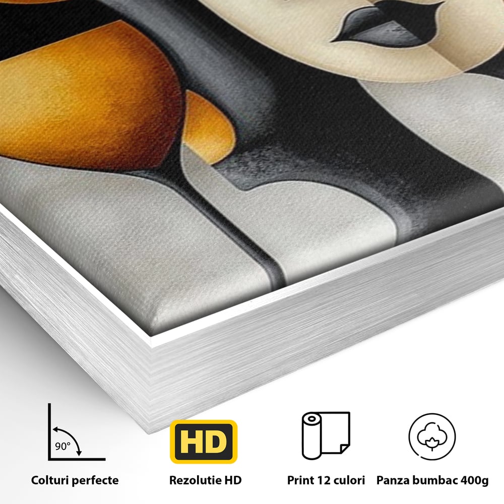 Tablou Canvas Premium, LuxCanva® J1000, Portret In Forme, Abstract, Cubism, Feminism, Pahar, Vin, Aur, Negru, Contur, Dualitate, Reflectii, Living, Dormitor
