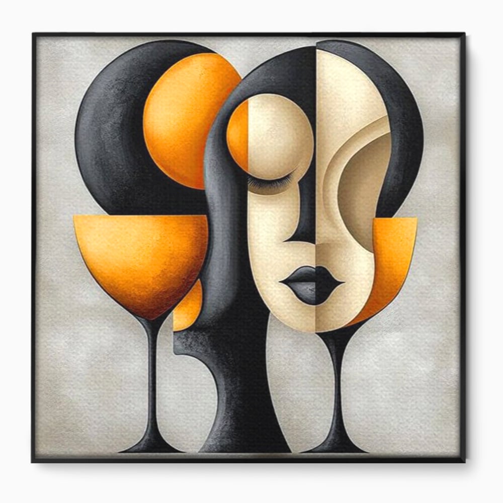 Tablou Canvas Premium, LuxCanva® J1000, Portret In Forme, Abstract, Cubism, Feminism, Pahar, Vin, Aur, Negru, Contur, Dualitate, Reflectii, Living, Dormitor