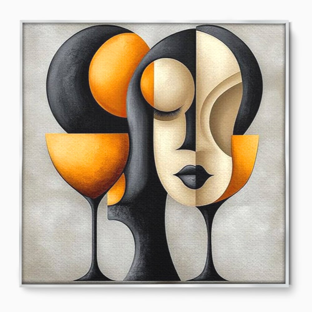 Tablou Canvas Premium, LuxCanva® J1000, Portret In Forme, Abstract, Cubism, Feminism, Pahar, Vin, Aur, Negru, Contur, Dualitate, Reflectii, Living, Dormitor