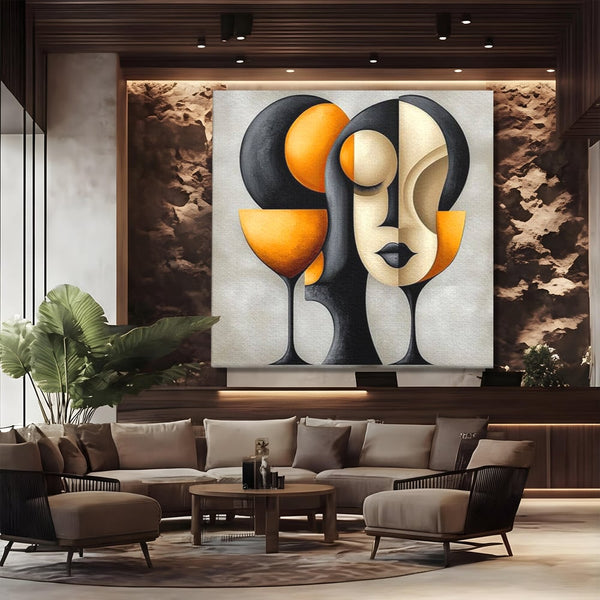 Tablou Canvas Premium, LuxCanva® J1000, Portret In Forme, Abstract, Cubism, Feminism, Pahar, Vin, Aur, Negru, Contur, Dualitate, Reflectii, Living, Dormitor