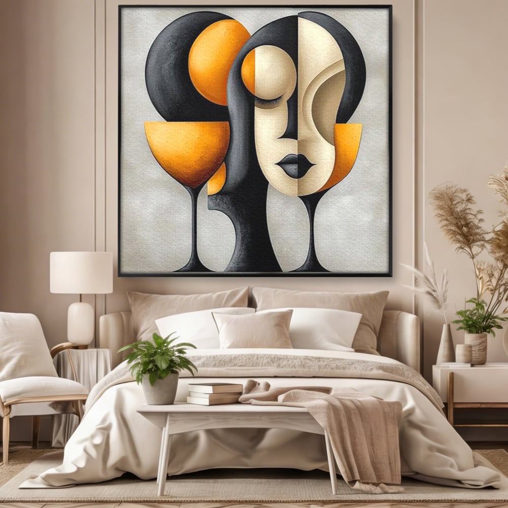 Tablou Canvas Premium, LuxCanva® J1000, Portret In Forme, Abstract, Cubism, Feminism, Pahar, Vin, Aur, Negru, Contur, Dualitate, Reflectii, Living, Dormitor