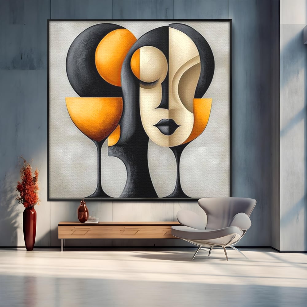 Tablou Canvas Premium, LuxCanva® J1000, Portret In Forme, Abstract, Cubism, Feminism, Pahar, Vin, Aur, Negru, Contur, Dualitate, Reflectii, Living, Dormitor