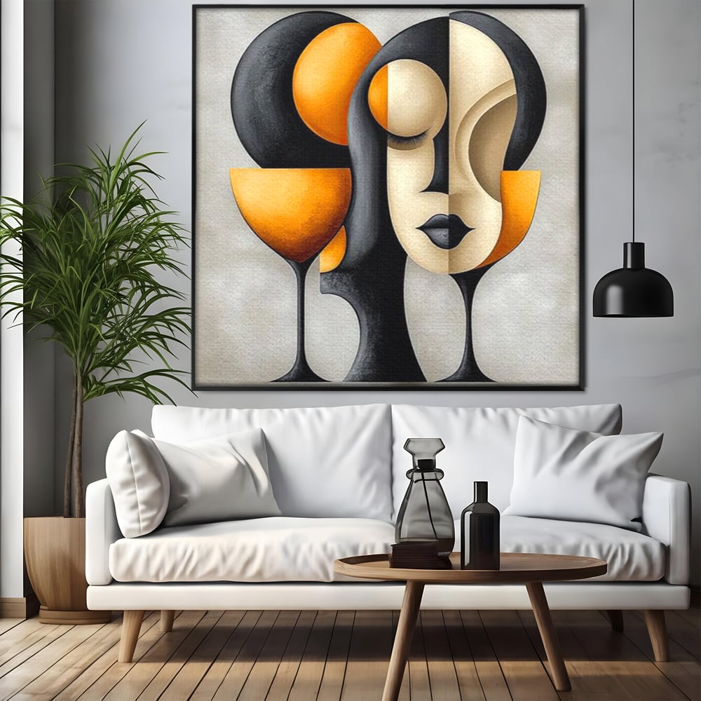 Tablou Canvas Premium, LuxCanva® J1000, Portret In Forme, Abstract, Cubism, Feminism, Pahar, Vin, Aur, Negru, Contur, Dualitate, Reflectii, Living, Dormitor