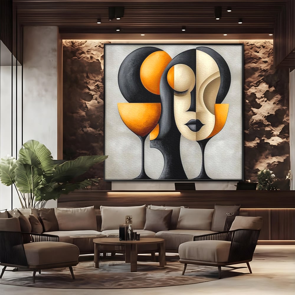 Tablou Canvas Premium, LuxCanva® J1000, Portret In Forme, Abstract, Cubism, Feminism, Pahar, Vin, Aur, Negru, Contur, Dualitate, Reflectii, Living, Dormitor