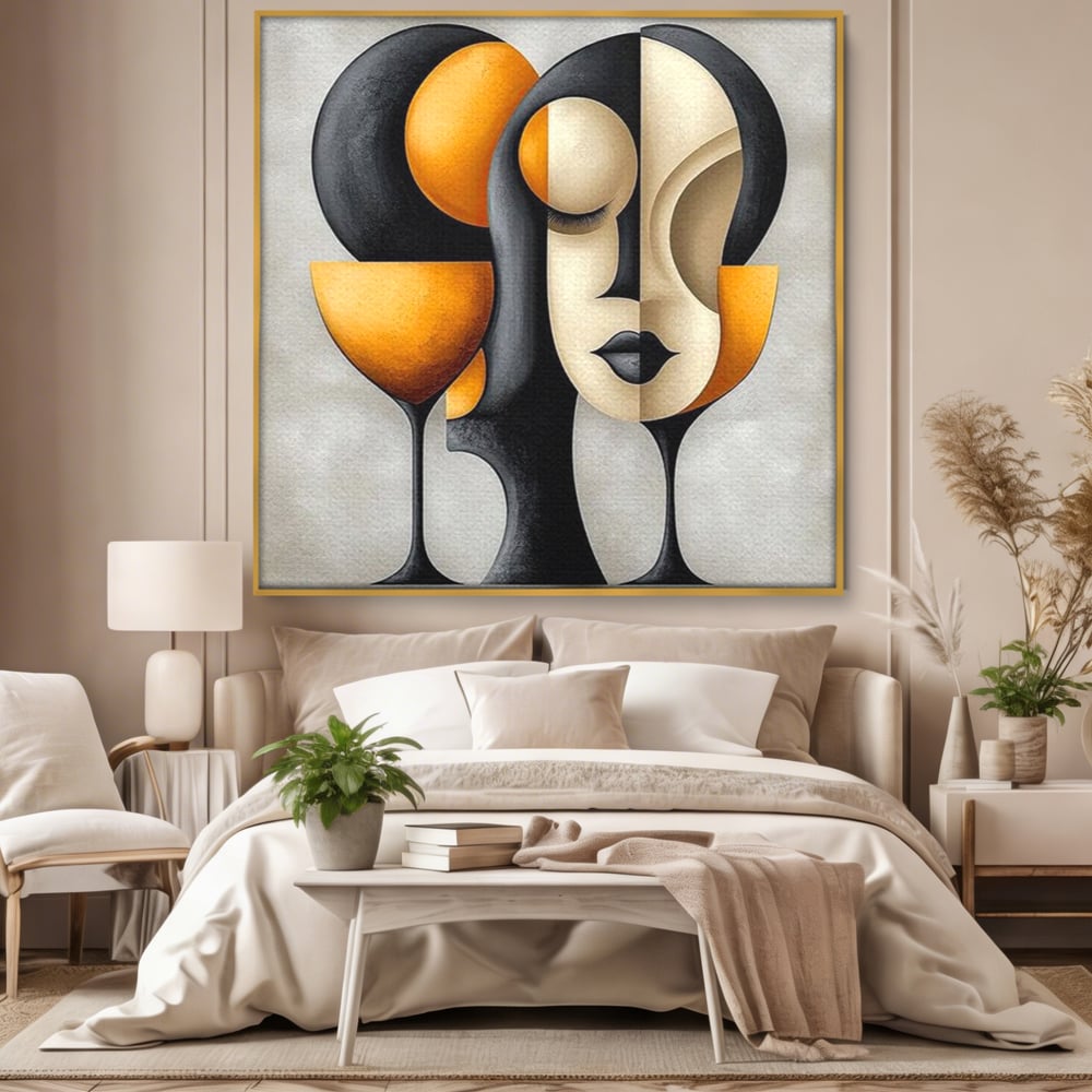 Tablou Canvas Premium, LuxCanva® J1000, Portret In Forme, Abstract, Cubism, Feminism, Pahar, Vin, Aur, Negru, Contur, Dualitate, Reflectii, Living, Dormitor