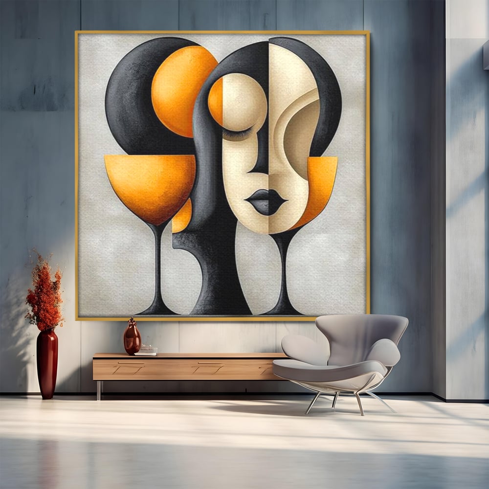 Tablou Canvas Premium, LuxCanva® J1000, Portret In Forme, Abstract, Cubism, Feminism, Pahar, Vin, Aur, Negru, Contur, Dualitate, Reflectii, Living, Dormitor