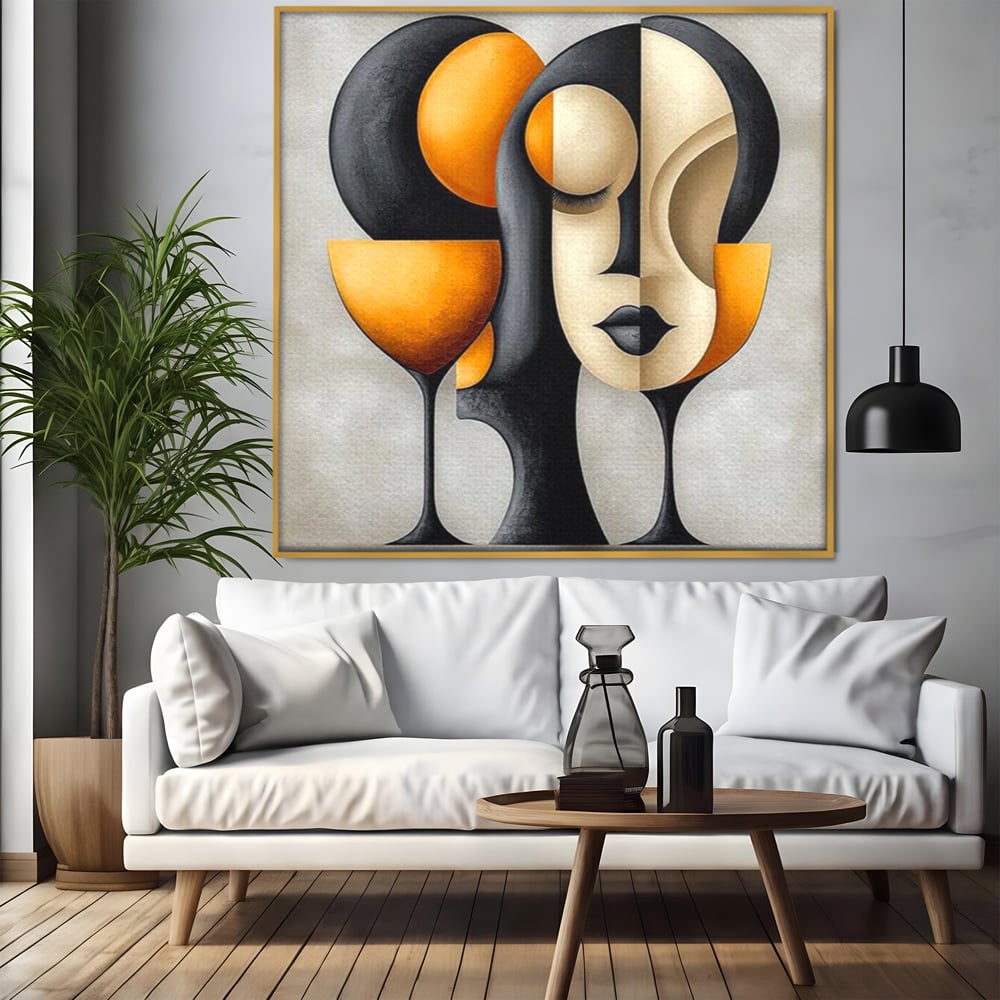 Tablou Canvas Premium, LuxCanva® J1000, Portret In Forme, Abstract, Cubism, Feminism, Pahar, Vin, Aur, Negru, Contur, Dualitate, Reflectii, Living, Dormitor
