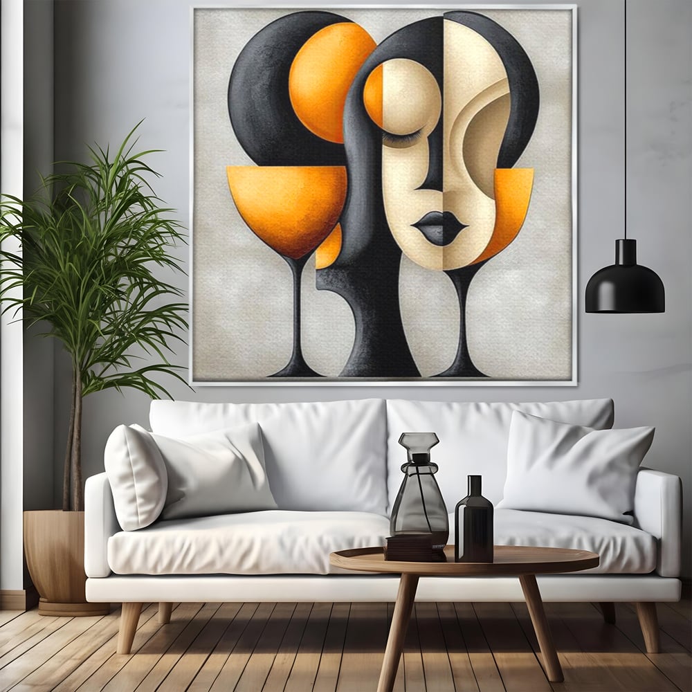 Tablou Canvas Premium, LuxCanva® J1000, Portret In Forme, Abstract, Cubism, Feminism, Pahar, Vin, Aur, Negru, Contur, Dualitate, Reflectii, Living, Dormitor