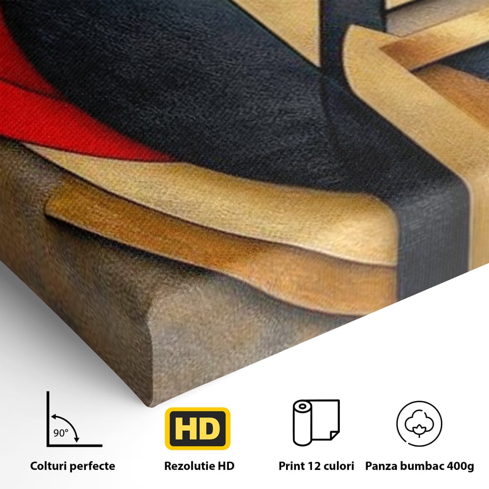 Tablou Canvas Premium, LuxCanva® J1001, Chip Fragmentat, Chip, Stilizat, Forme, Suprapus, Rosu. Galben, Echilibru, Disociere, Arta, Expozitie, Artist, Living, Dormitor