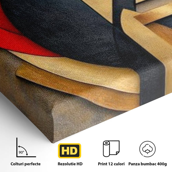 Tablou Canvas Premium, LuxCanva® J1001, Chip Fragmentat, Chip, Stilizat, Forme, Suprapus, Rosu. Galben, Echilibru, Disociere, Arta, Expozitie, Artist, Living, Dormitor