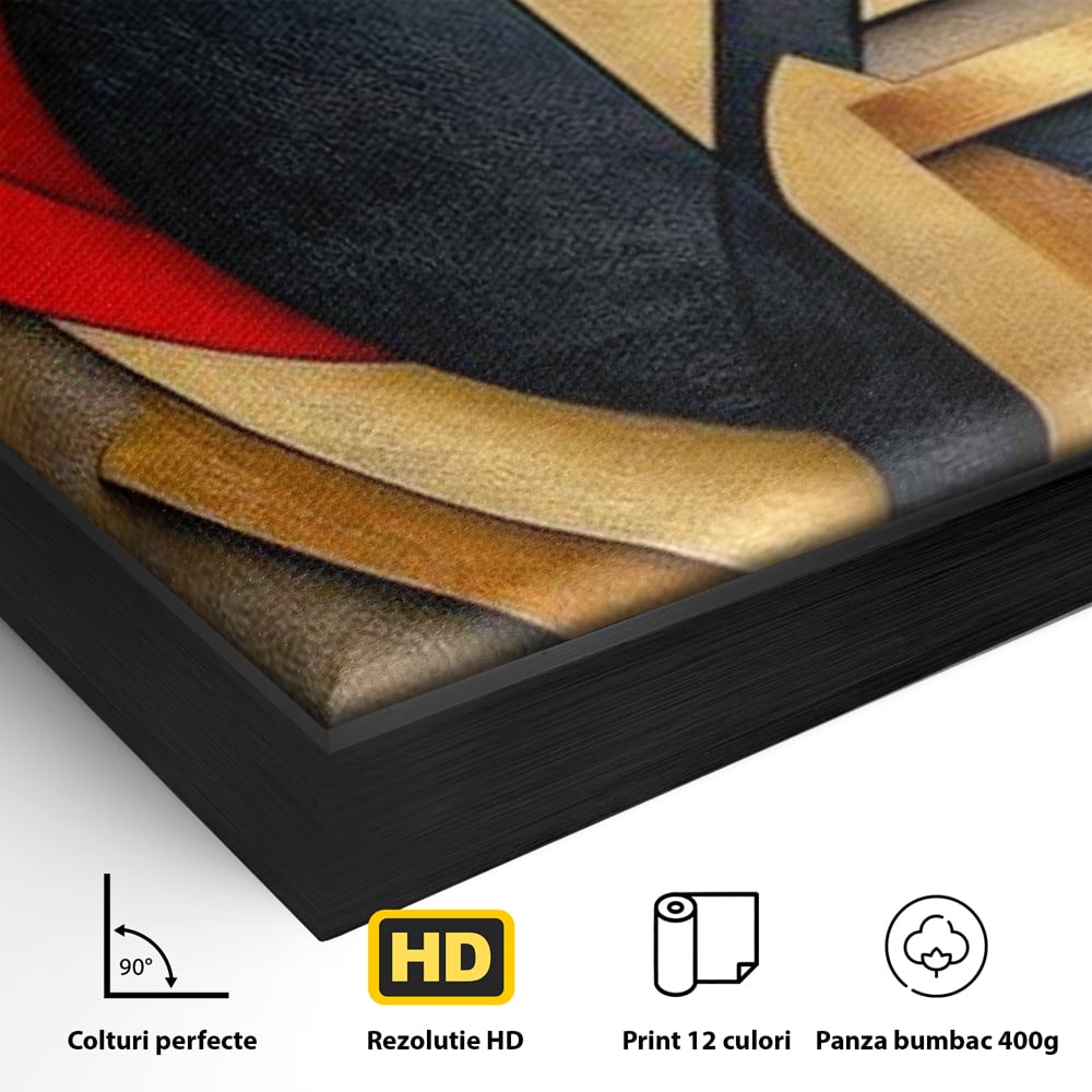 Tablou Canvas Premium, LuxCanva® J1001, Chip Fragmentat, Chip, Stilizat, Forme, Suprapus, Rosu. Galben, Echilibru, Disociere, Arta, Expozitie, Artist, Living, Dormitor