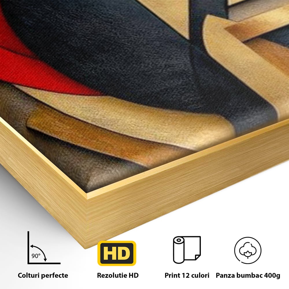 Tablou Canvas Premium, LuxCanva® J1001, Chip Fragmentat, Chip, Stilizat, Forme, Suprapus, Rosu. Galben, Echilibru, Disociere, Arta, Expozitie, Artist, Living, Dormitor