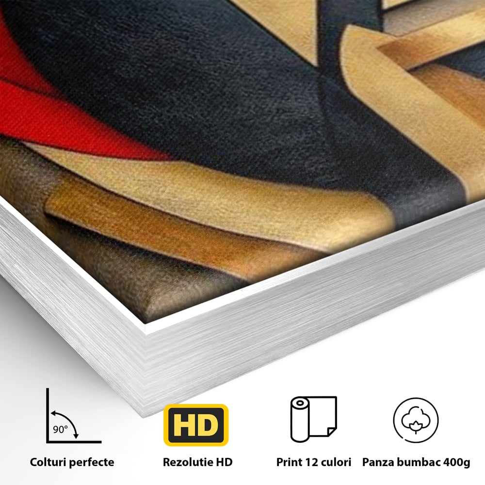 Tablou Canvas Premium, LuxCanva® J1001, Chip Fragmentat, Chip, Stilizat, Forme, Suprapus, Rosu. Galben, Echilibru, Disociere, Arta, Expozitie, Artist, Living, Dormitor