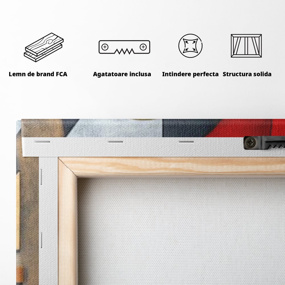 Tablou Canvas Premium, LuxCanva® J1001, Chip Fragmentat, Chip, Stilizat, Forme, Suprapus, Rosu. Galben, Echilibru, Disociere, Arta, Expozitie, Artist, Living, Dormitor