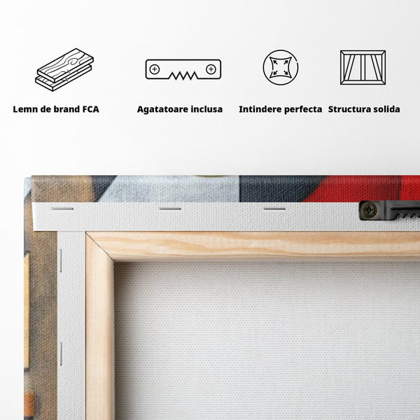 Tablou Canvas Premium, LuxCanva® J1001, Chip Fragmentat, Chip, Stilizat, Forme, Suprapus, Rosu. Galben, Echilibru, Disociere, Arta, Expozitie, Artist, Living, Dormitor