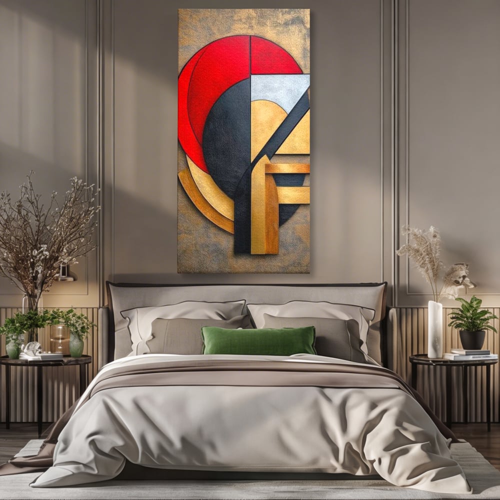 Tablou Canvas Premium, LuxCanva® J1001, Chip Fragmentat, Chip, Stilizat, Forme, Suprapus, Rosu. Galben, Echilibru, Disociere, Arta, Expozitie, Artist, Living, Dormitor